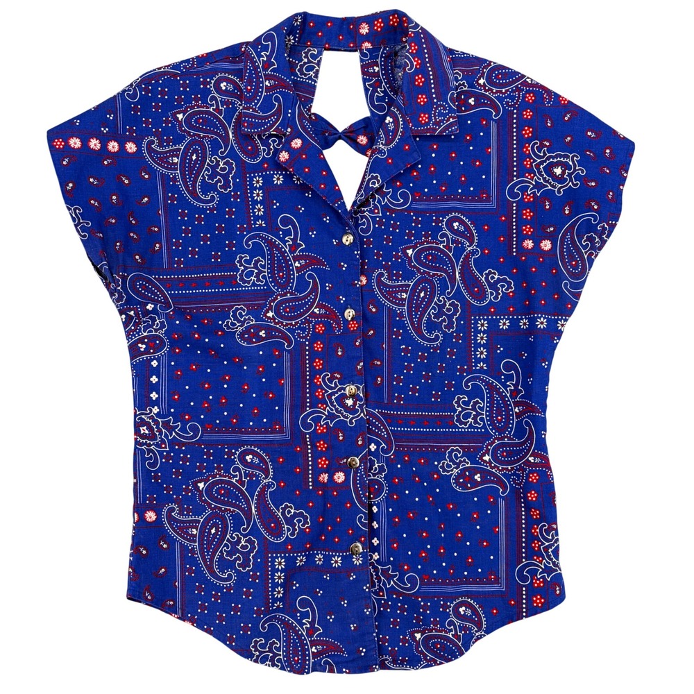 Vintage Circle T Marilyn Lenox Blue Bandana Paisley Cutout Back Top Small USA